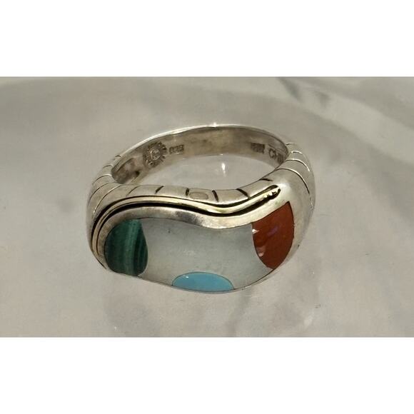 Asch Grossbardt 925/18K MOP/Turquoise/Malachite/Coral Inlay Ring Sz 6 - Picture 4 of 7